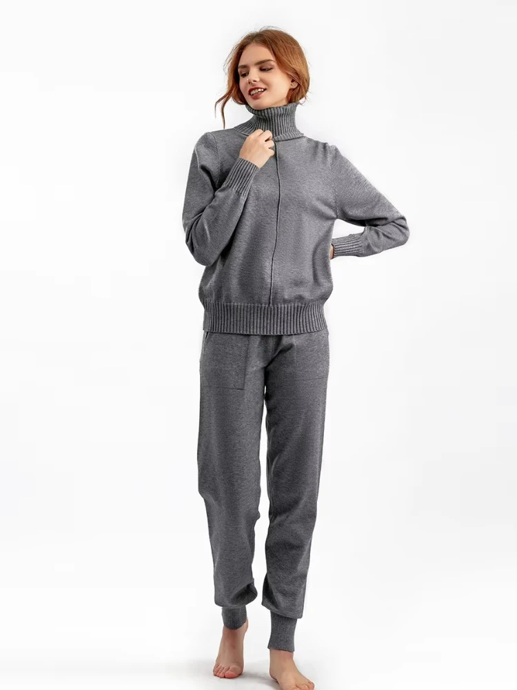Autumn Winter Women's Pullover Casual Fashion 2 Piece Sets Womens Outfits High Collar Solid Color Sweater Two Piece Pants Sets