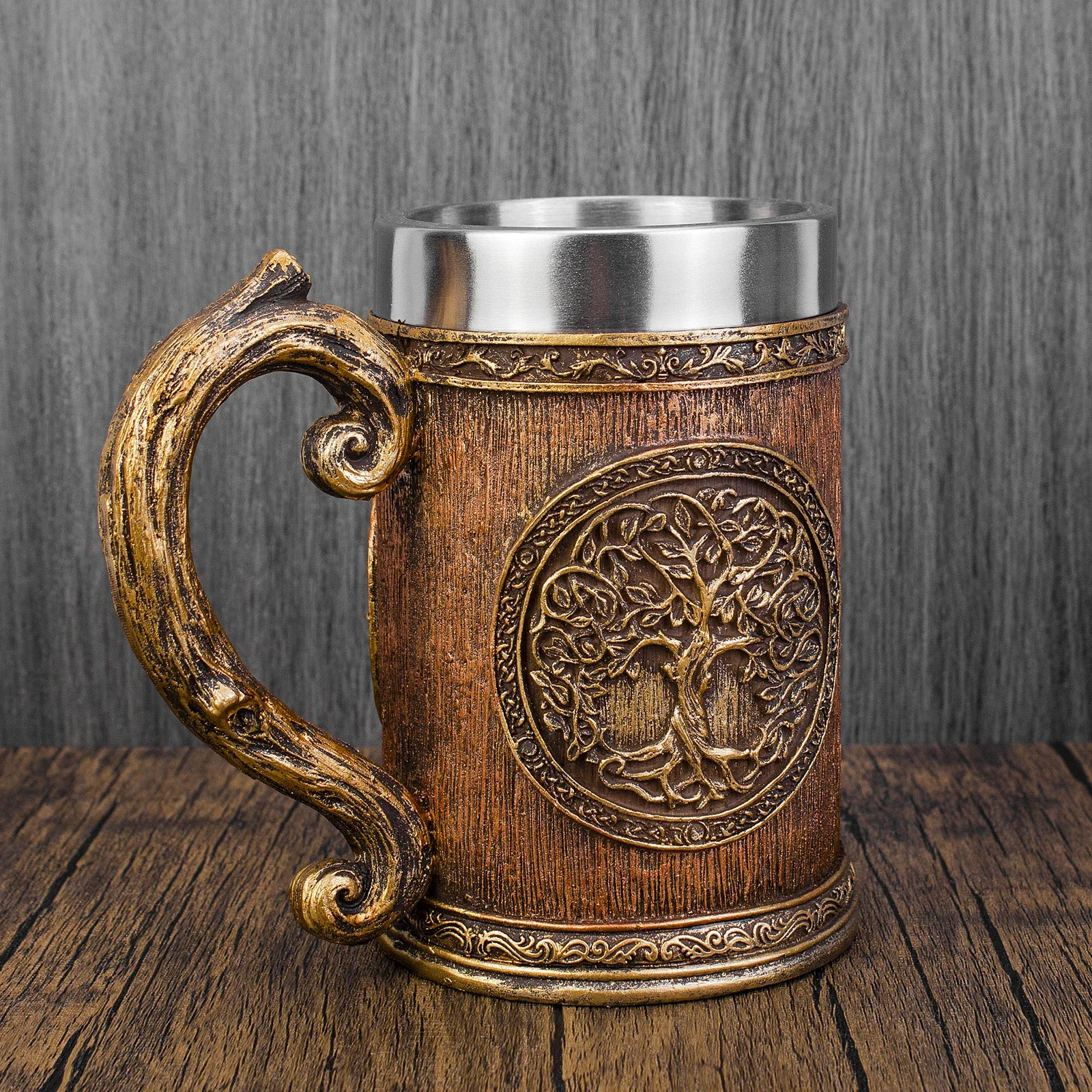 Tasse Viking arbre de vie nordique, tasse à bière en résine et acier inoxydable, arbre celtique, cadeau d'halloween, Imitation de bois rétro médiéval, 600ml