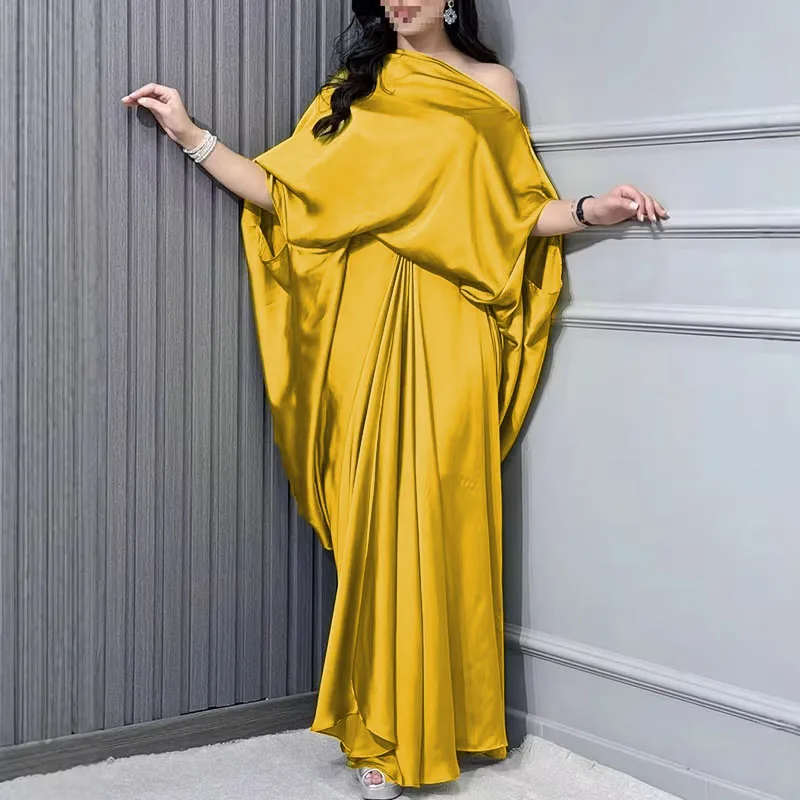 Lässiges Diagonalkragen-Kleid mit Ausschnitten, Elegantes Einfarbiges Satin-Partykleid für Frühling, Modisches Damenkleid mit Halben Ärmeln und Hoher Taille, Maxikleid
