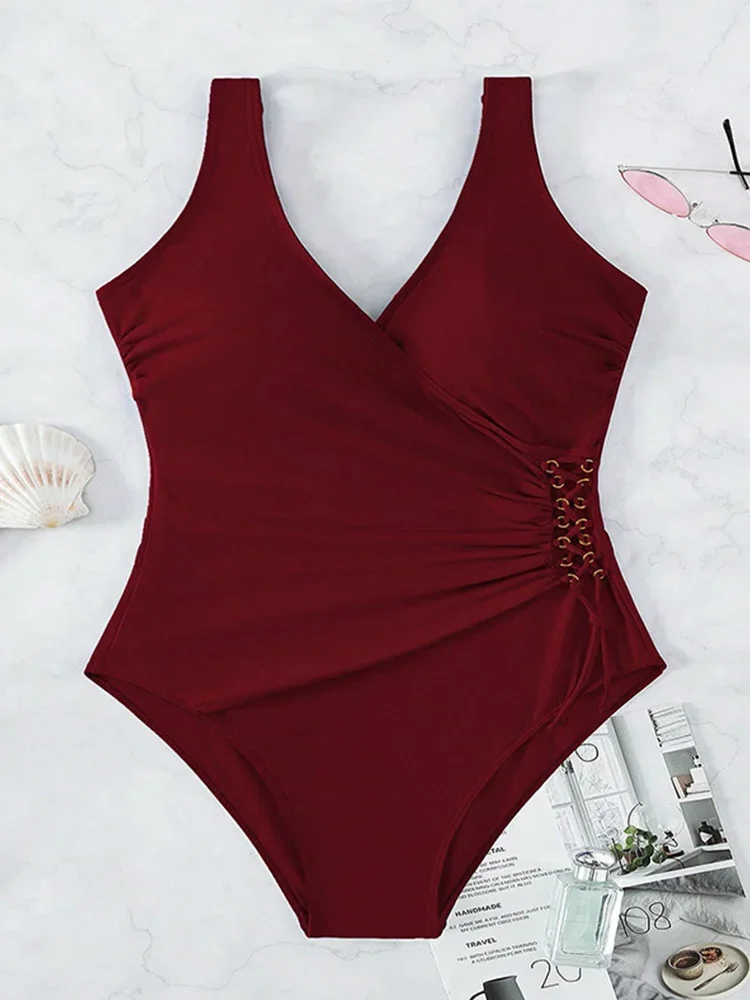 Bikini unicolor con cuello de pico para mujer, traje de baño Sexy de cintura alta, plisado, ajustado, estilo playero, novedad de 2025, traje de baño de verano, traje de baño de una pieza