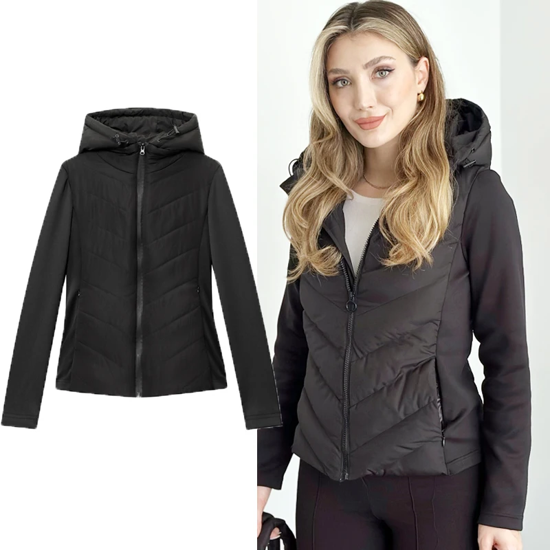 Jaqueta feminina preto inverno 2025 novos casacos e jaquetas ao ar livre com capuz senhora zip-up leve acolchoado jaquetas popular streetwear