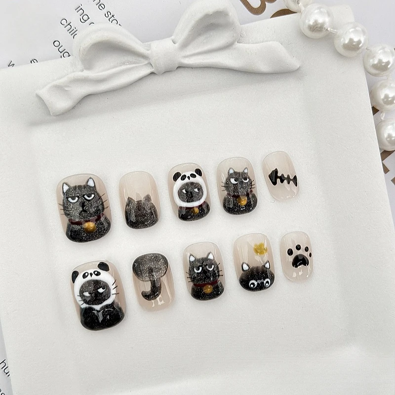 10 Pieces Cute Cartoon Childish Press On Nails Handmade Black Cat Unhappy Panda Fishbone Cat Claw Short Fake Nail Patches