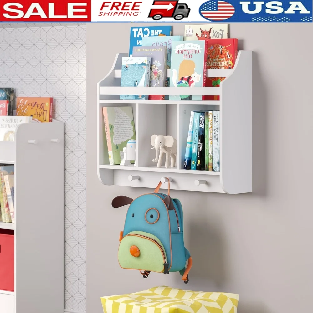 

Kids Wall Mounted Bookshelf Toy Storage Organizer Cubbies Hooks Playroom Nursery Easy Installation Durable MDF
