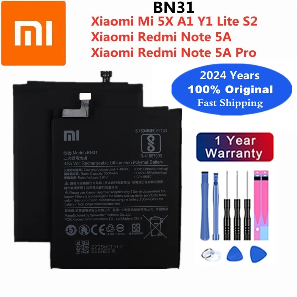 

2024 Years 3000mAh Original Battery BN31 For Xiaomi Redmi Note 5A / Note5A pro Mi 5X A1 Redmi Y1 Lite S2 Mobile Phone Battery