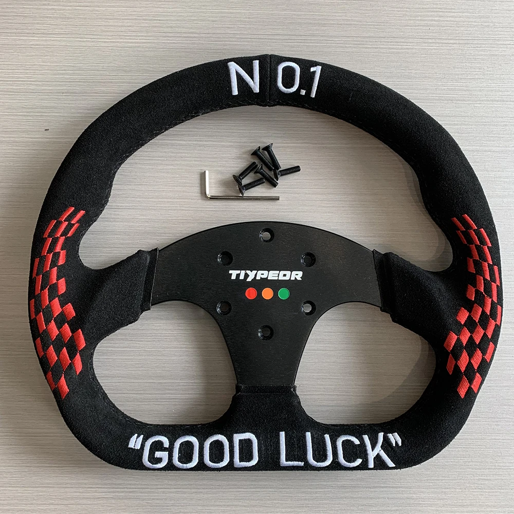 

TIYPEOR 13 Inch D Shape PC Simulation Suede Leather Embroidery GOOD LUCK Karting Drift Racing Game Steering Wheel