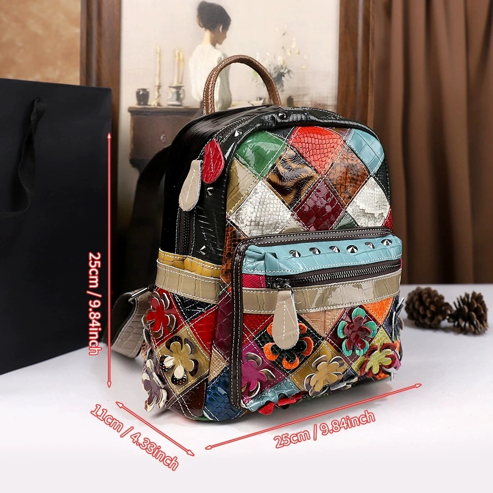 Floral Women Genuine Leather Backpack Vintage Real Cow Leather Shoulder Bags Fashion Patchwork Ladies Cowhide Travel Bagpack