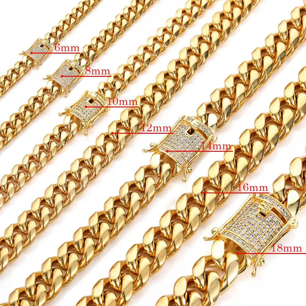 

8/10/12/14/16/18mm Fashion Jewelry 316L Stainless Steel Miami Cuban Curb Link Chain Necklace for Women Men Gold Color