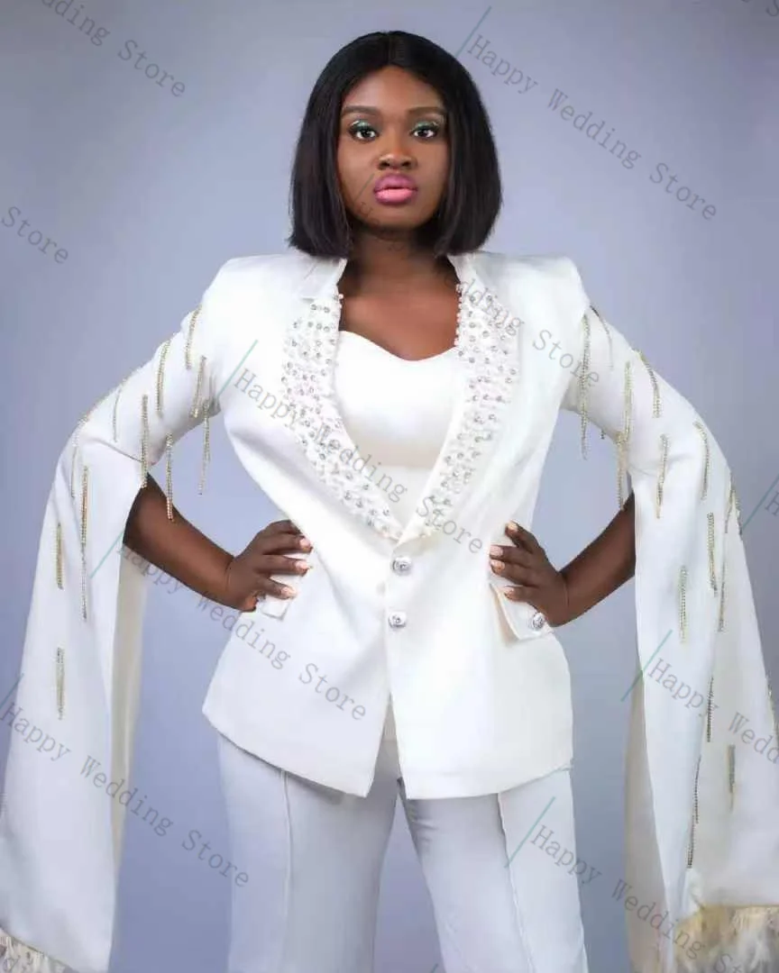 

White Feather Women Suit Set 2 Piece Blazer+ Pants Trousers Extend Sleeve Formal Office Lady Jacket Customized Wedding Prom Coat