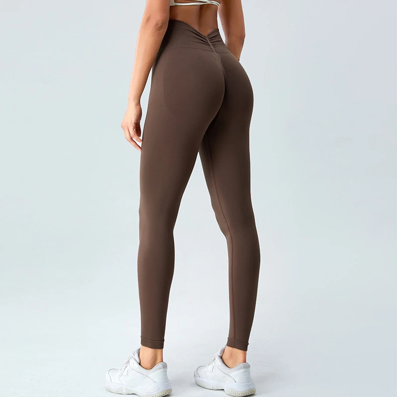 Seamless Yoga Leggings Women Push Up Sports Legging With Back V Waist Pleated Exercise Trousers Running Fitness Gym Tights