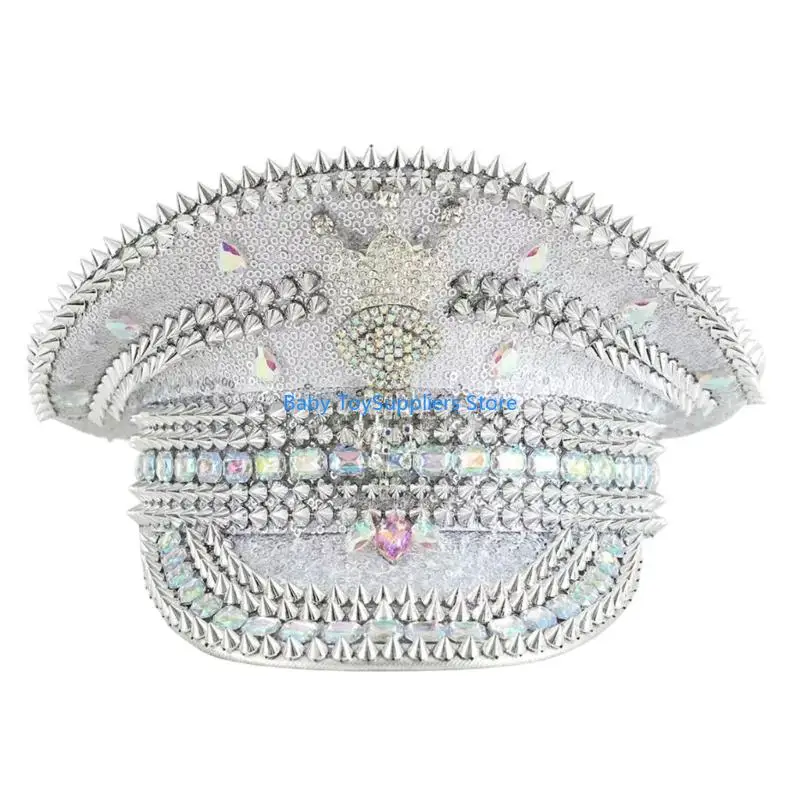 

R1WF Sparkling Crystals Sequins Hat Large Brims Captain Hat For Women Music Festival