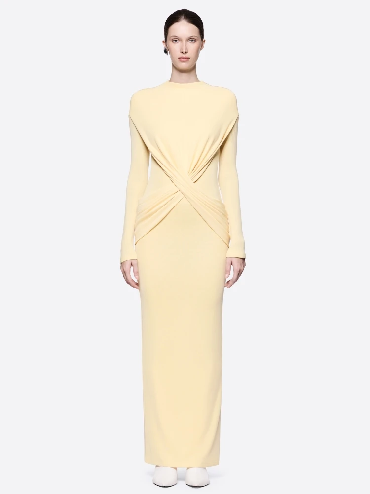 Sexy O Neck Cross Pleated Folds Design Long Dress Women Yellow Long Sleeves Ruched Slim Dresses Evening Party Gowns