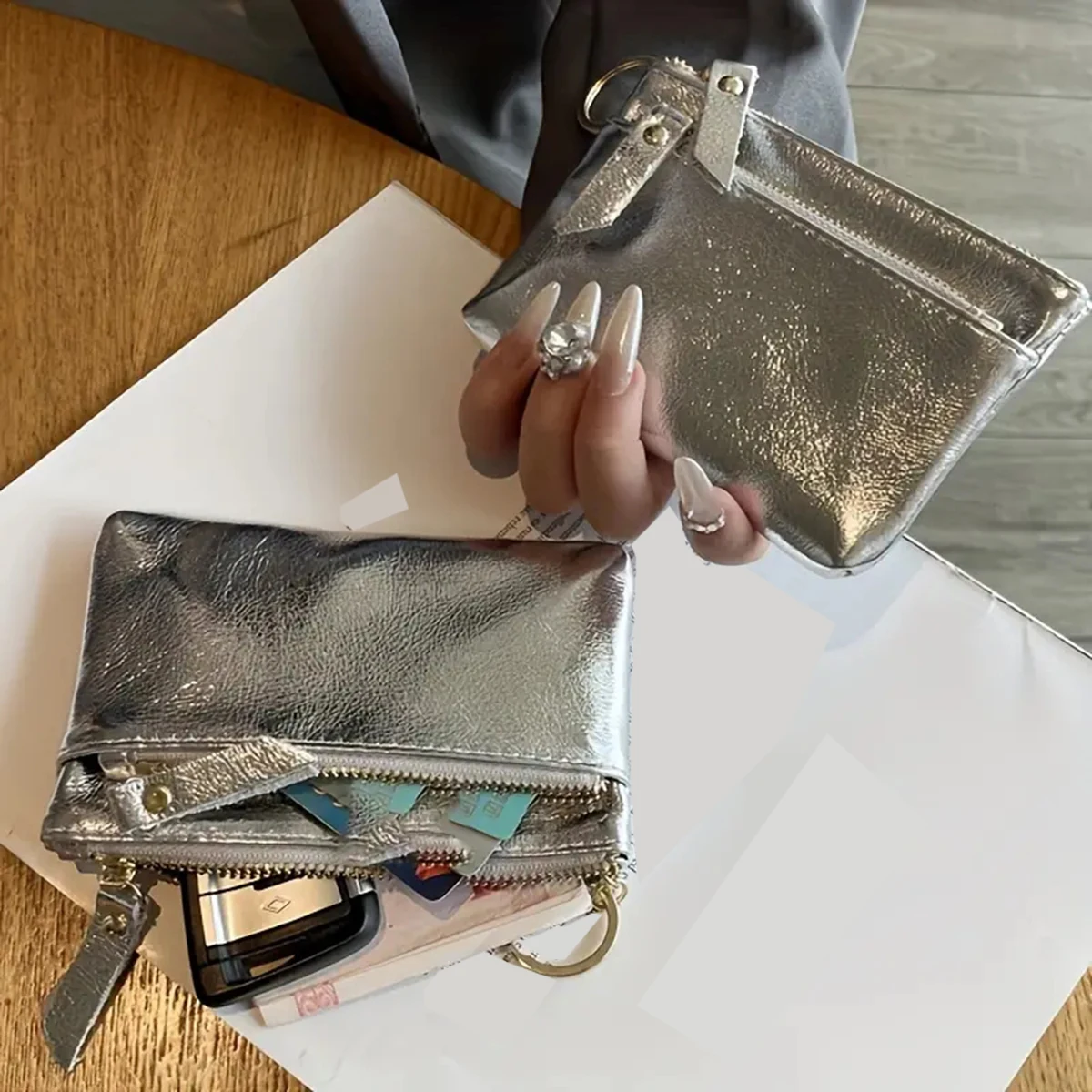 Silver zipper small wallet for women. Top layer cowhide mini pouch. Cracked texture key bag. Card holder. Coin purse. image 4