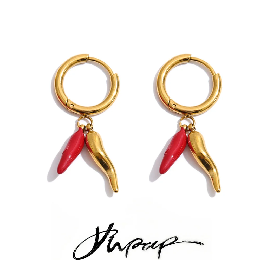 Brincos de Argola Yhpup de Aço Inoxidável com Esmalte Vermelho em Formato de Pimenta para Mulheres, Banhados a Ouro e Platina PVD, Joias Elegantes de Alta Qualidade