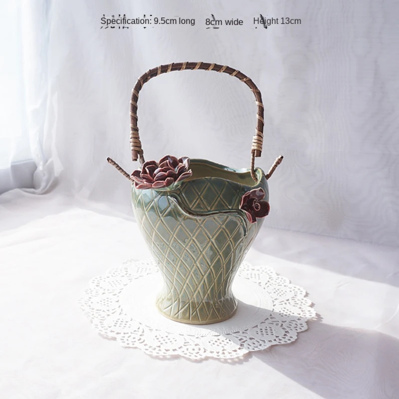 Vase Ceramic Hand-Pinching Flower Rattan Succulent Hanging Basket Simple Fashion Personalized Creative BreathableSet Combination