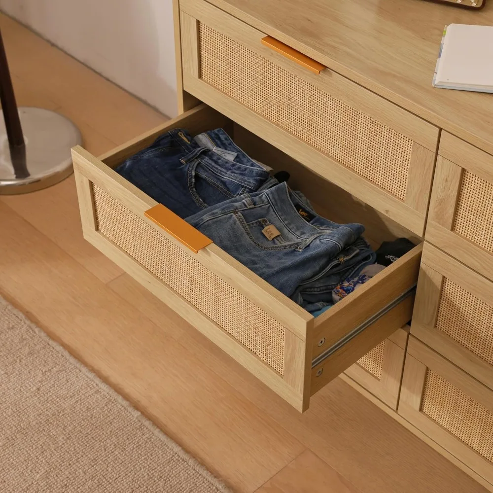 Modern 6-Drawer Double Dresser in Rattan Style with Gold Handles for Bedroom and Living Room Storage