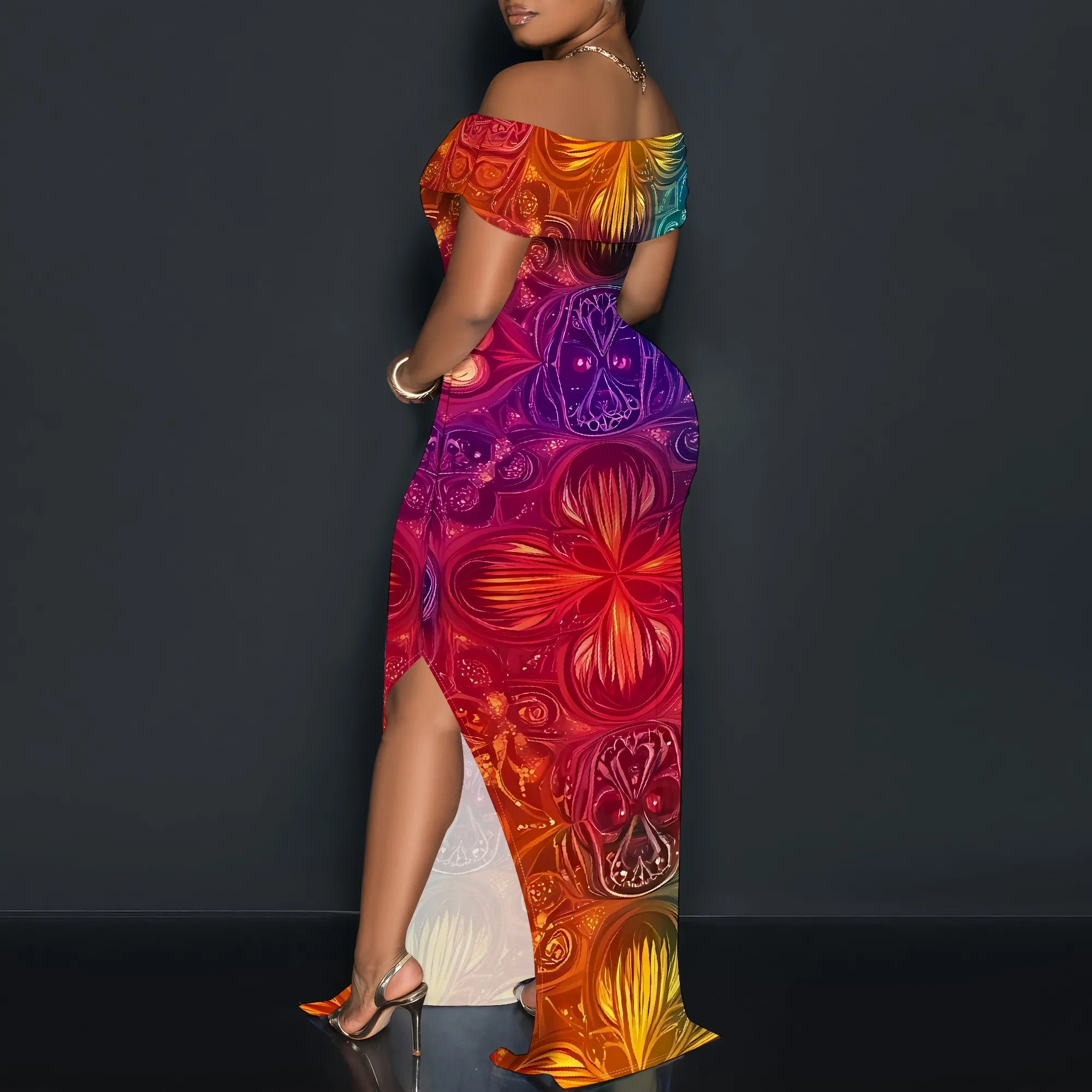 Rainbow Gradient พิมพ์ปิดไหล่ Maxi Dress SLIM FIT ผู้หญิง Elegant PARTY ชุดเดรสยาวพร้อม Slit