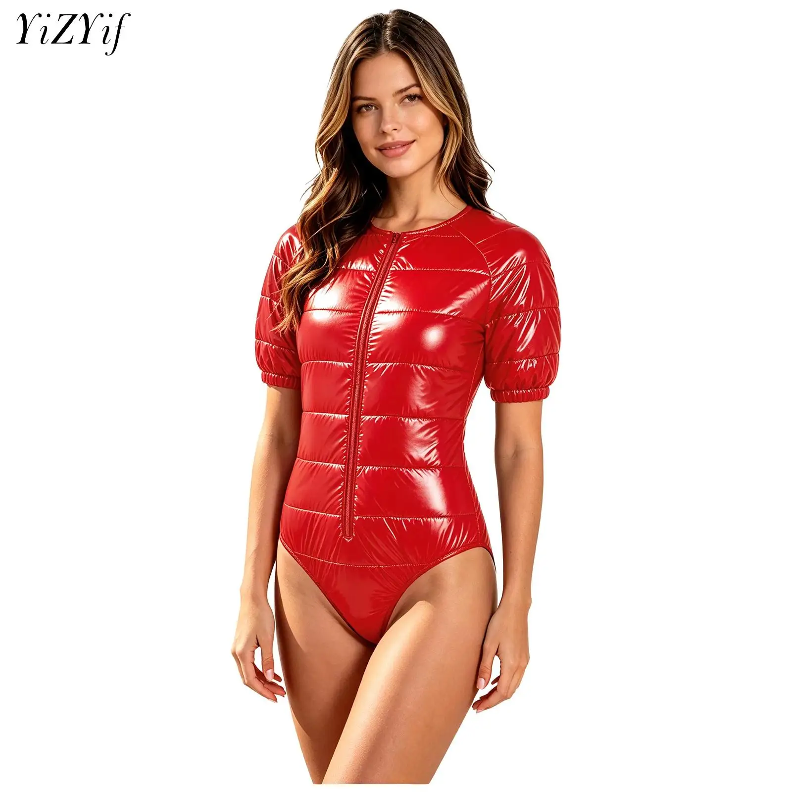 Womens Warm Padded Clothing Waterproof Glossy Bodysuit Short Sleeve Zipper Leotard Winter Outdoor Skiing Sportswear Clubwear