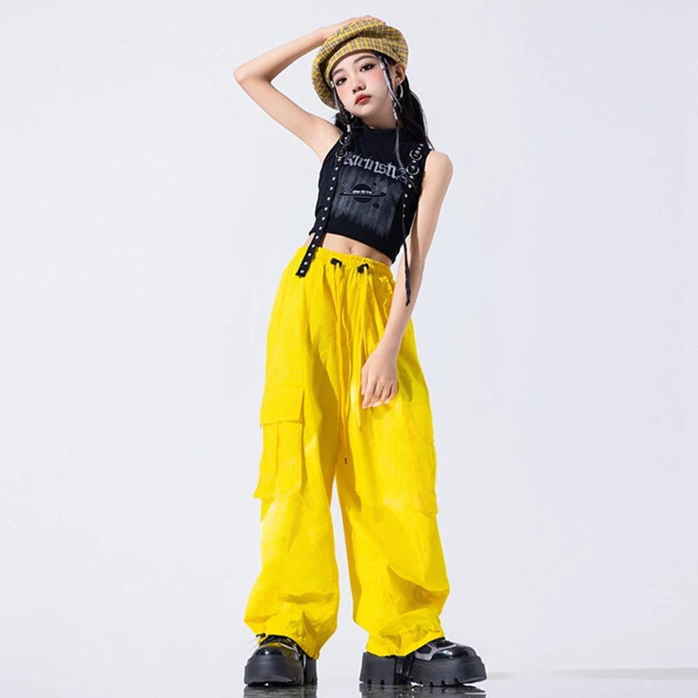 

Teenager Kids Jazz Dance Clothes Girls Navel Tops Yellow Pants Loose Hip Hop Clothing Loose Street Dance Performance Costume