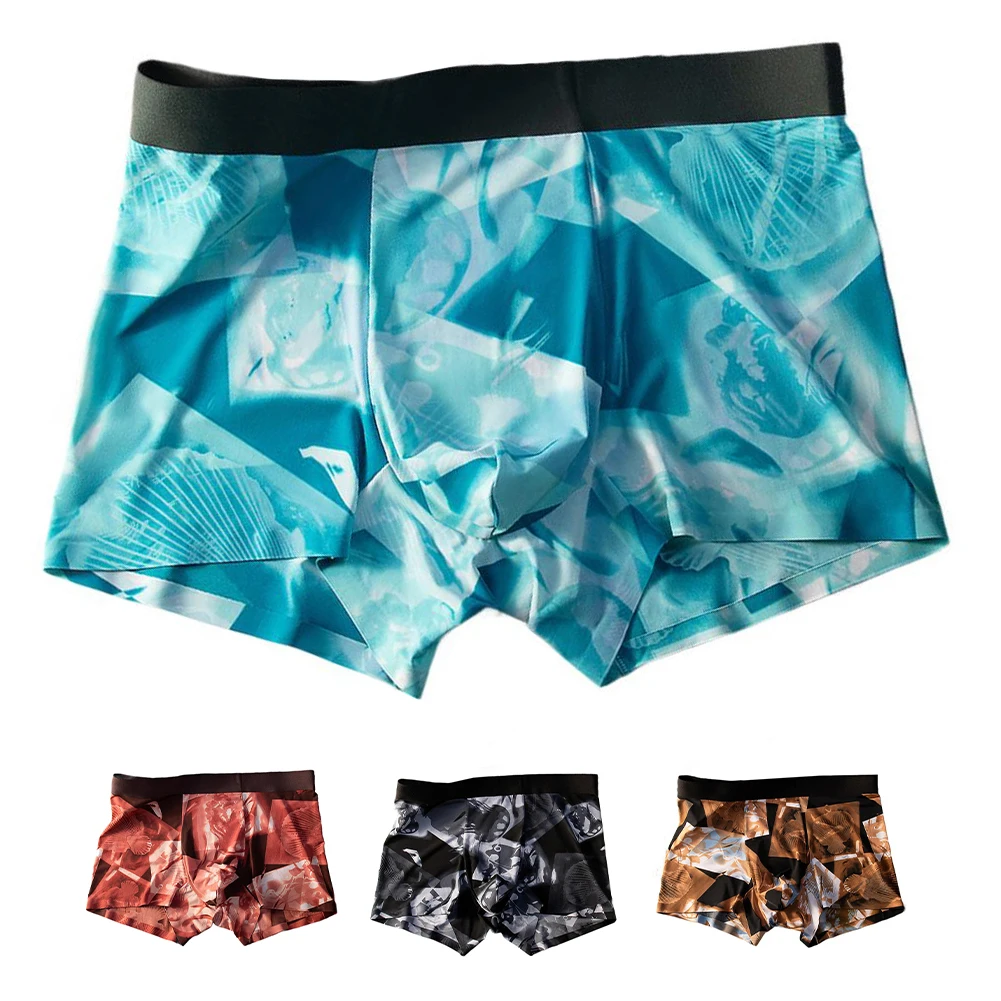 

1pc Men's Boxer Shorts Underwear Summer Smooth Ice Silk Nylon Print Men's Underpants Breathable Panties Underwear