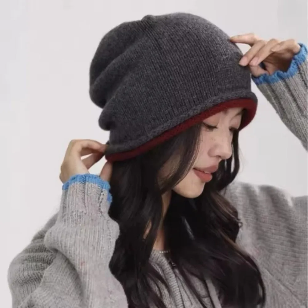 Soft Elastic Knitted Stacked Hat Streetwear Hip-hop Pullover Cap All-match Soft Ear Protection Cold Hat Women Girls
