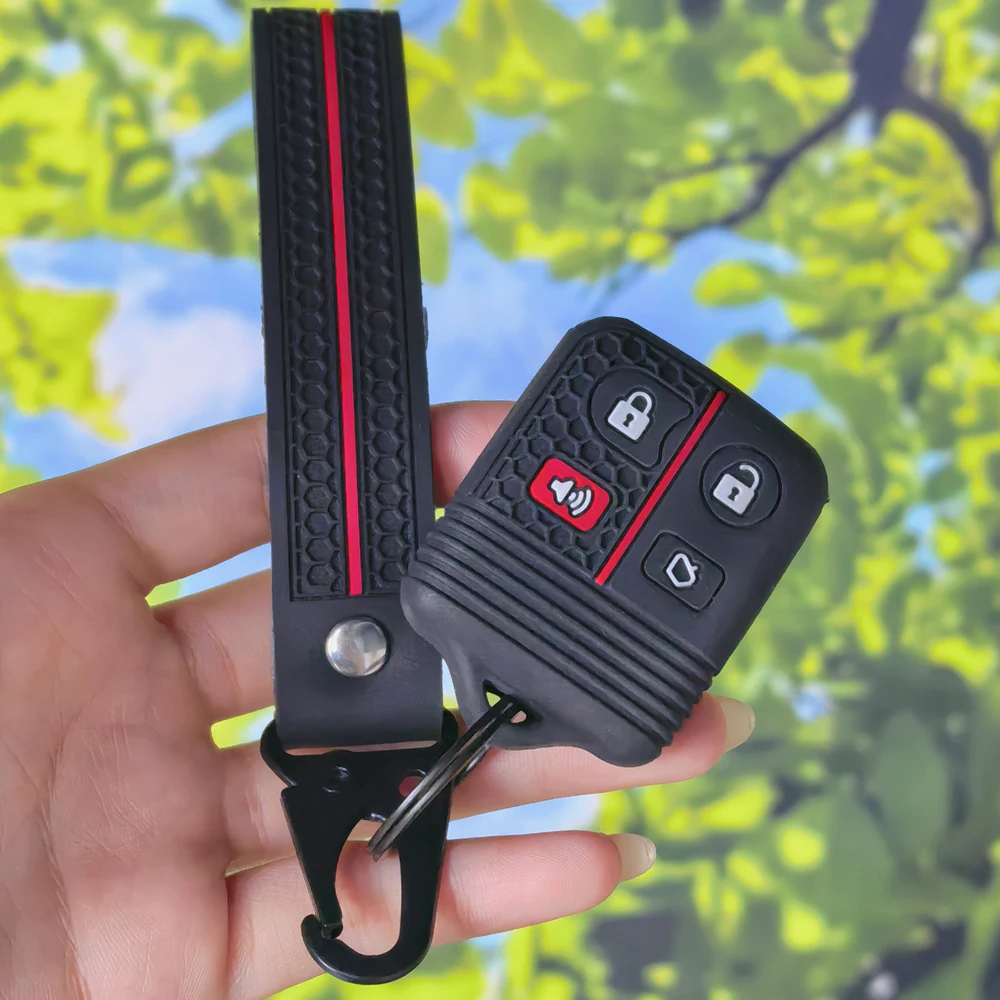 Honeycomb‑Grip 3/4 Buttons Silicone Key Fob Cover With Keychain Chain For Ford Focus Escape Mustang Explorer Lincoln Town Sport