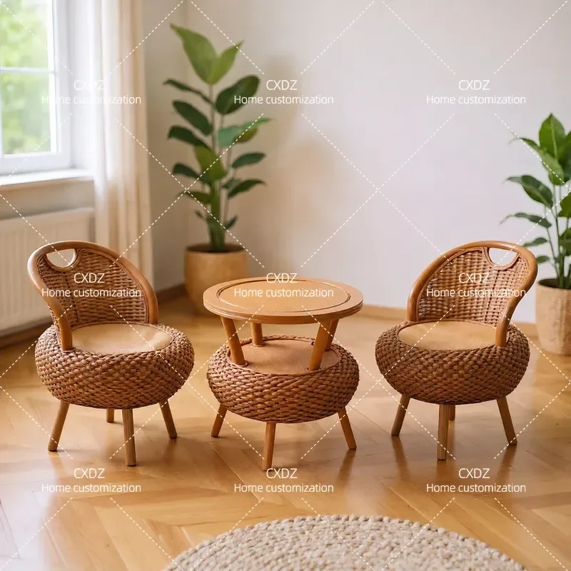 Rattan Chair Single Small Balcony Living Room Low Back Tatami Woven Stool Adult Round Table and Chairs Set