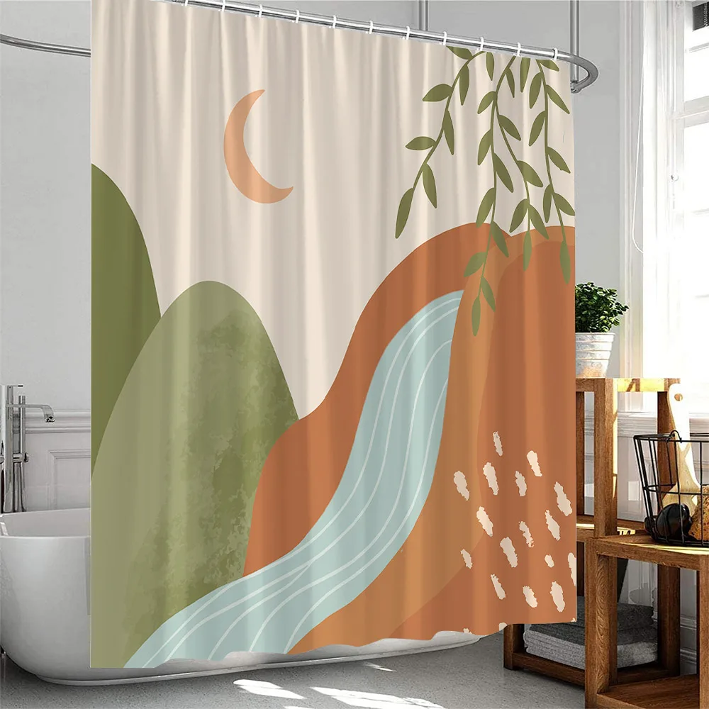 Creative Mid Century Shower Curtains Tropical Leaves Coconut Tree Waterfall Abstract Boho Art Modern Home Bathroom Curtain Decor