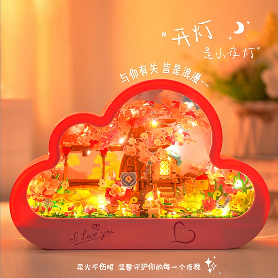 

Romantic Cherry Blossom Swing Cloud Mirror BuildingBlock Assembly Toy Desktop Decoration with Lights Festival For Kids Girl Gift