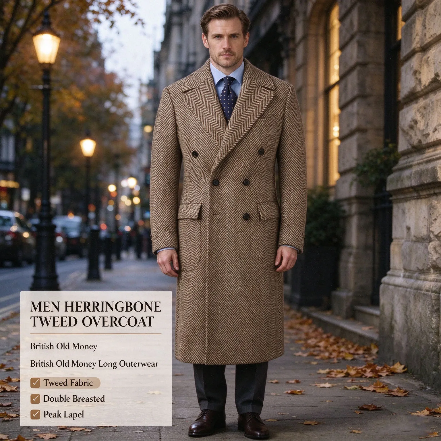 Men's Herringbone Wool Blend Overcoat Peak Lapel Double Breasted Long Trench Coat Vintage British Formal Business Warm Winter