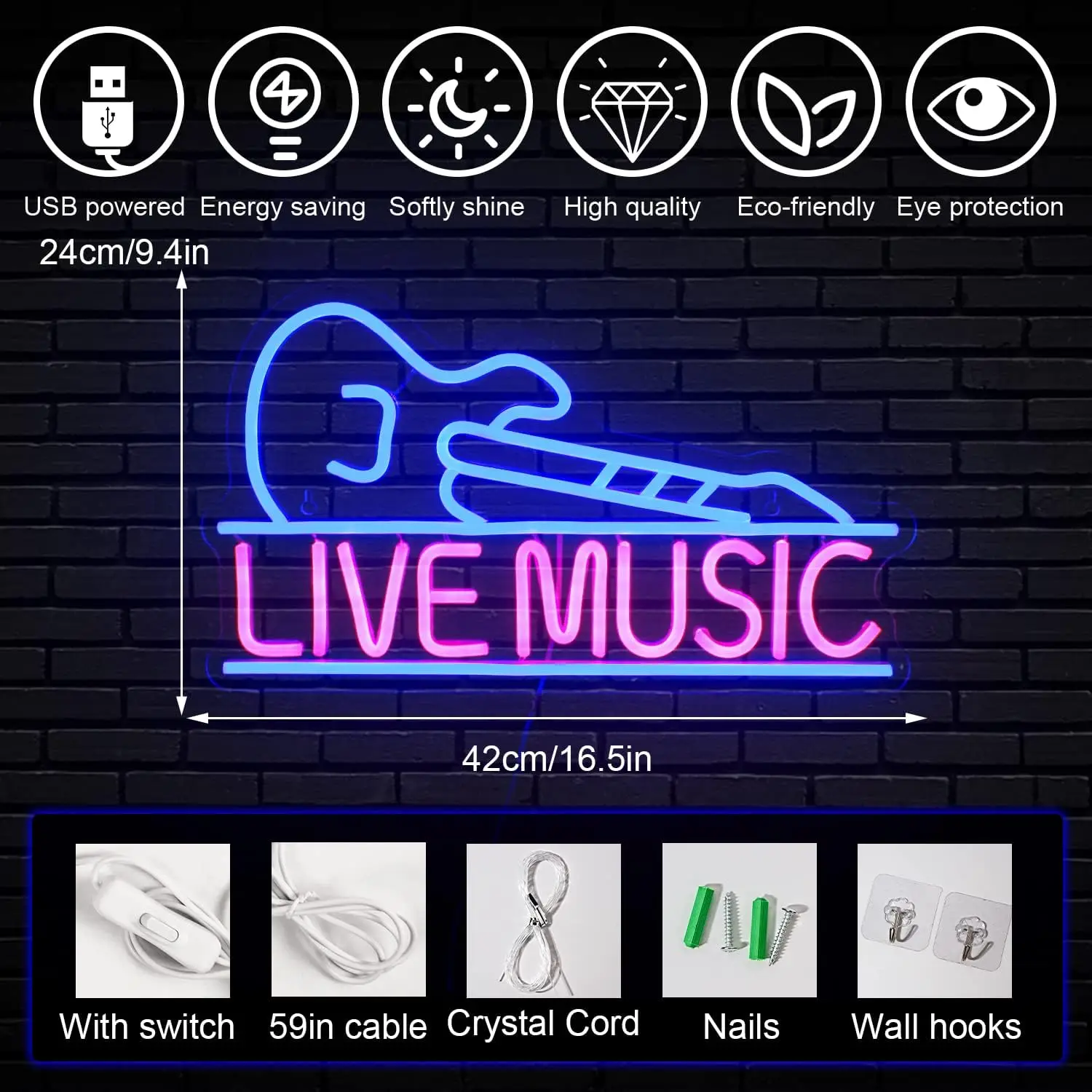 JENeon-Live Music Signs Lights for Wall Decor, Light Up Sign with USB 62, Music Party, Bar, Club, Home Decor