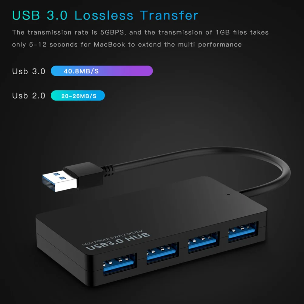 4 Port USB 3.0 Hub High Speed Data Expansion Hub for Laptop Desktop Tablet Plug and Play with LED Indicator Black