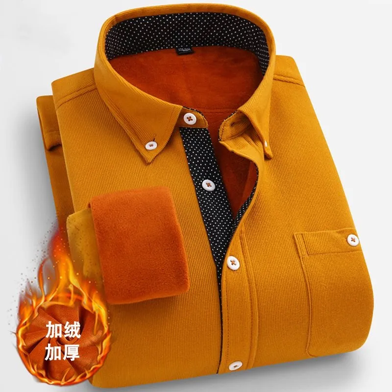 

2023 Autumn and Winter New Fashion Solid Color Corduroy Long Sleeve Shirt Men's Casual Plus Fleece Thick Warm Large Size Shirt