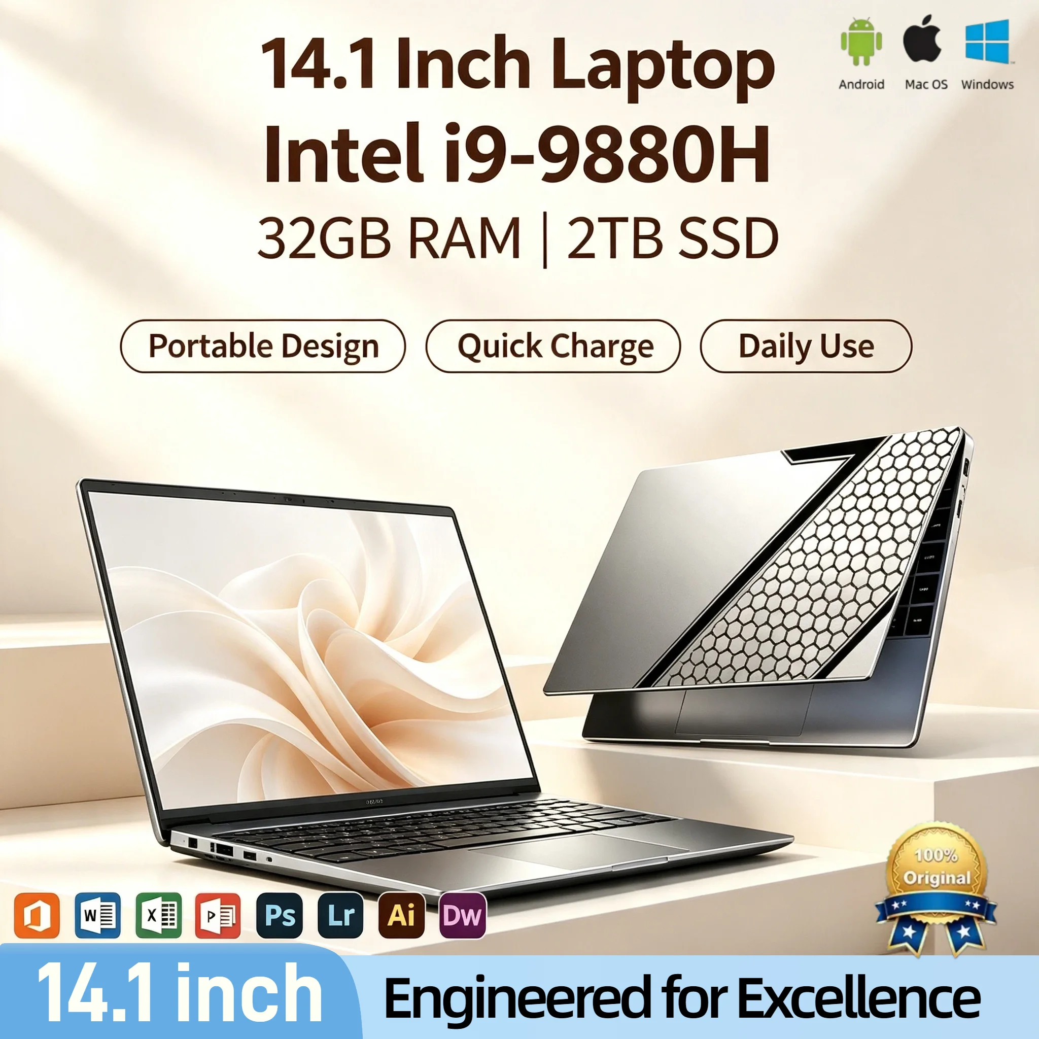 2026 Intel Core i9 9880H 14.1 Inch Gaming Laptop 2.3GHz 4.8GHz Turbo 32GB RAM 2TB SSD Ultra Slim 1920x1080 Office Pro Max