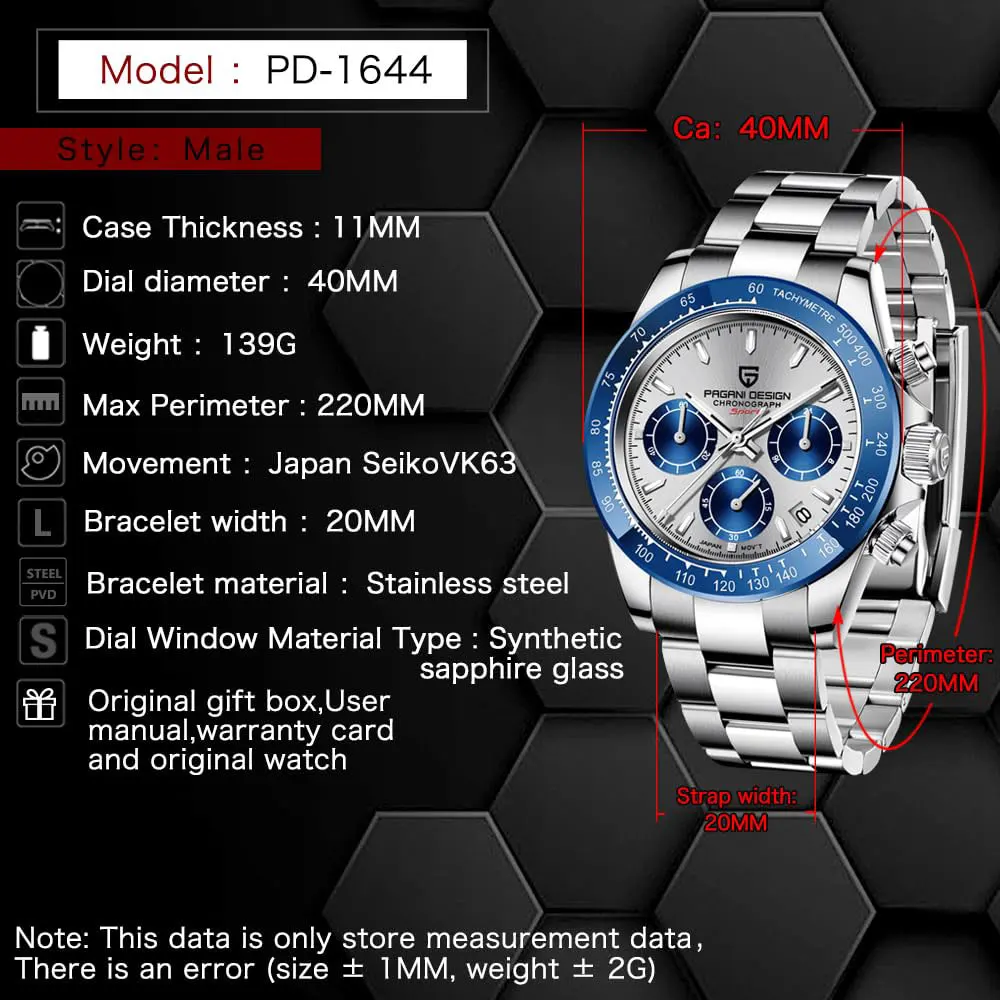 PAGANI DESIGN 40mm Men's Watch Stainless Steel Chronograph Top Brand Quartz Wristwatch Sapphire Glass VK63 Gift Watches for Men view 6