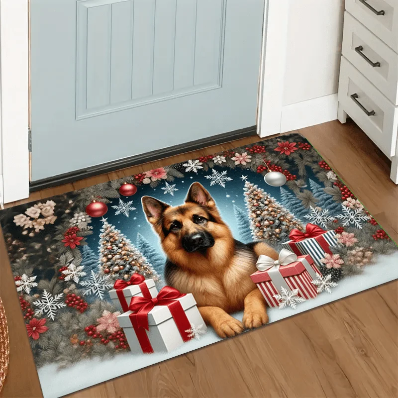 1pc Dachshund Among Christmas Trees & Gifts Welcome Doormat, Soft Absorbent Non‑Slip Washable Quick‑Dry Floor Mat for Entryway