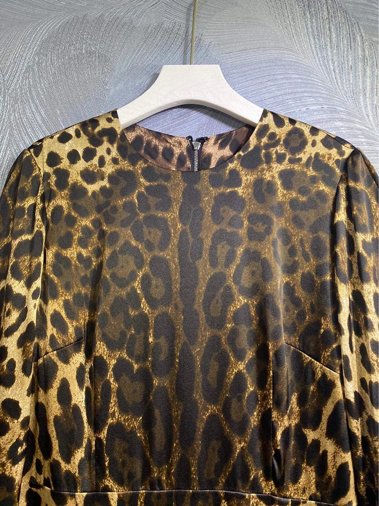 Abito da donna con stampa leopardata, 100% seta, o-collo, manica lunga, Midi High Street, elegante signora Sliming, autunno