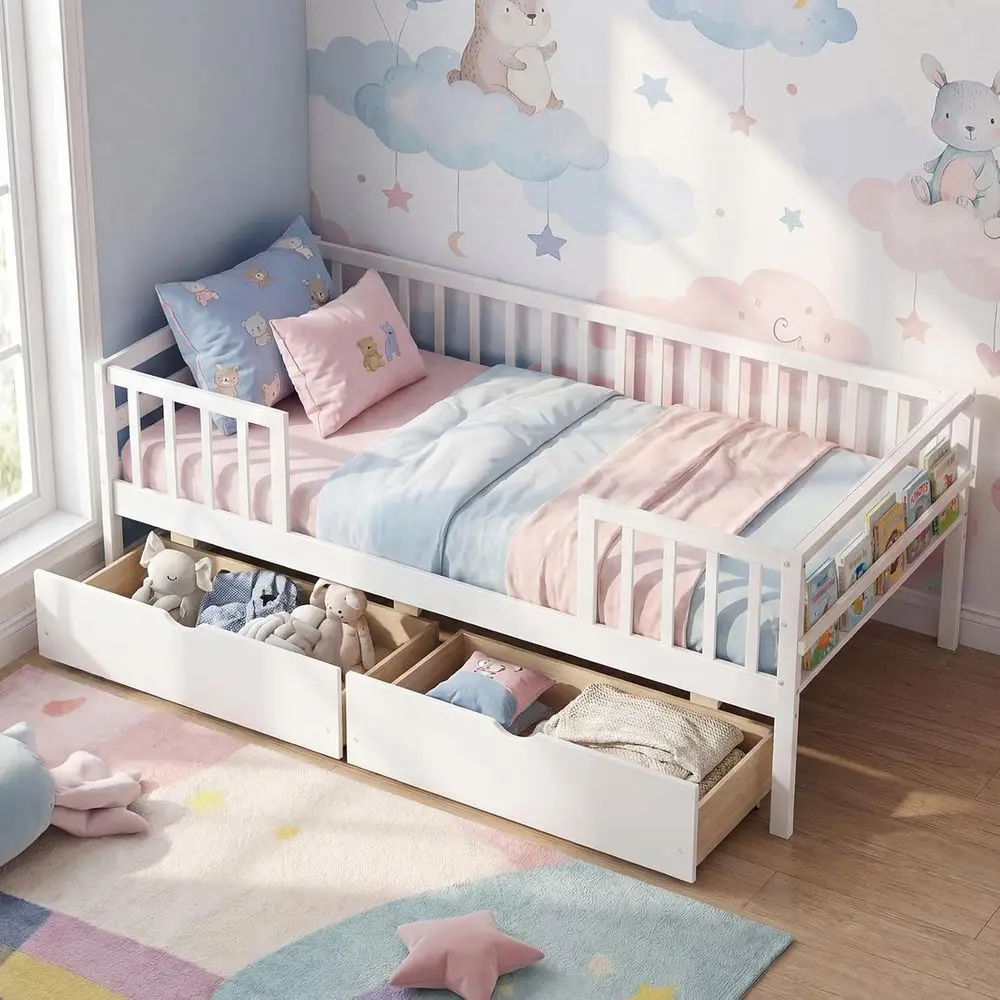 

Двуспальная кровать с боковыми ограждениями и 2 выдвижными ящиками, с ламелями из массива дерева, без необходимости использования пружинного блока, подходит для детей и подростков (белая)