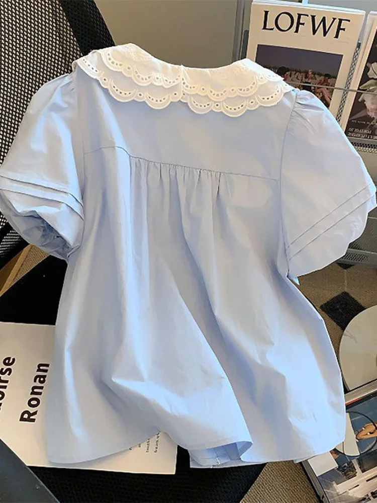 Jmprs carino casual camicia blu donna dolce colletto alla Peter Pan camicetta coreana estate manica gonfia femminile vintage slim tutti abbinati top