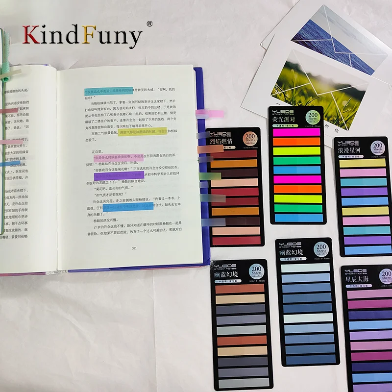 KindFuny Rainbow Long Index Stickers 300 Sheets Fluorescent PET Waterproof Color Note Marking Key Semi Transparent Sticky Notes