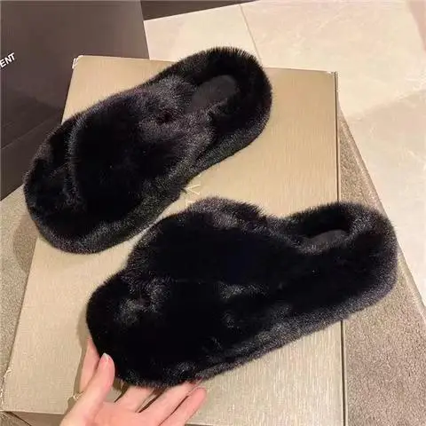 Women Fur Warm Winter Furry Fur Shoes Fluffy Plush Slippers Home House Indoor Shoes Bedroom Slippers Female Ladies Round Toe