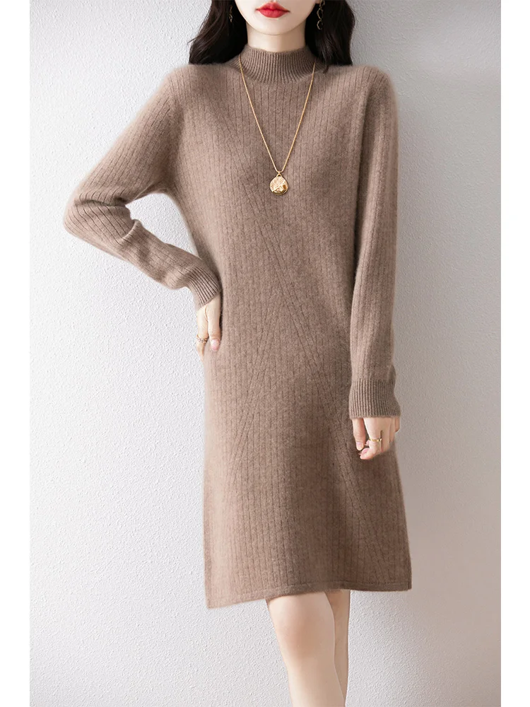 ANGEL Women's Mock Neck Wool Dress Sweater Pullovers Autumn Winter 100% Merino Wool Knitwear Long Sleeve Wool Office Lady Skirts