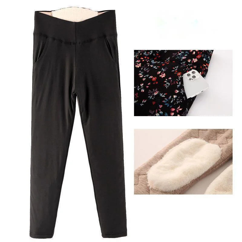 Middle Aged And Elderly Women's Thick Velvet Pants Winter High Waisted Mother's Warm Cotton-padded Print Trousers Sexy Leggings