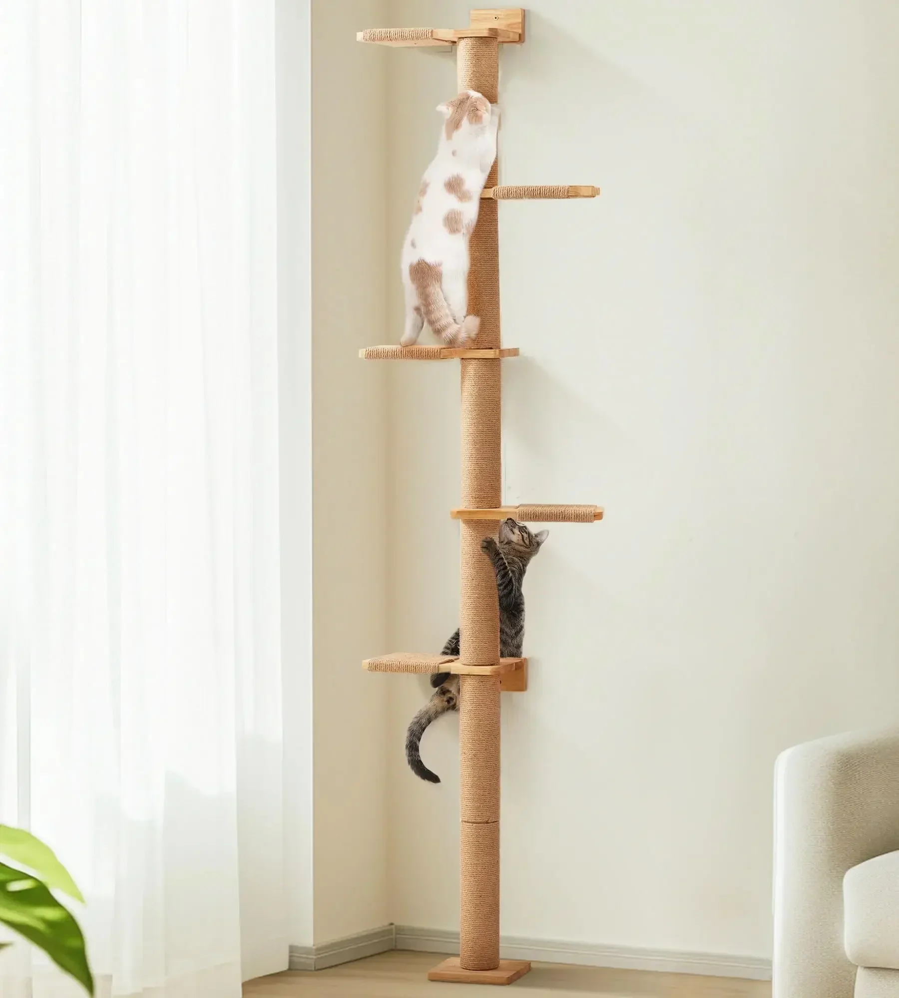 

Tall Cat Tree 5 Tier Floor to Ceiling Tower Wall-Mounted Cat Scratching Post Shelves Suitable for Kittens Cats ClimbScratch