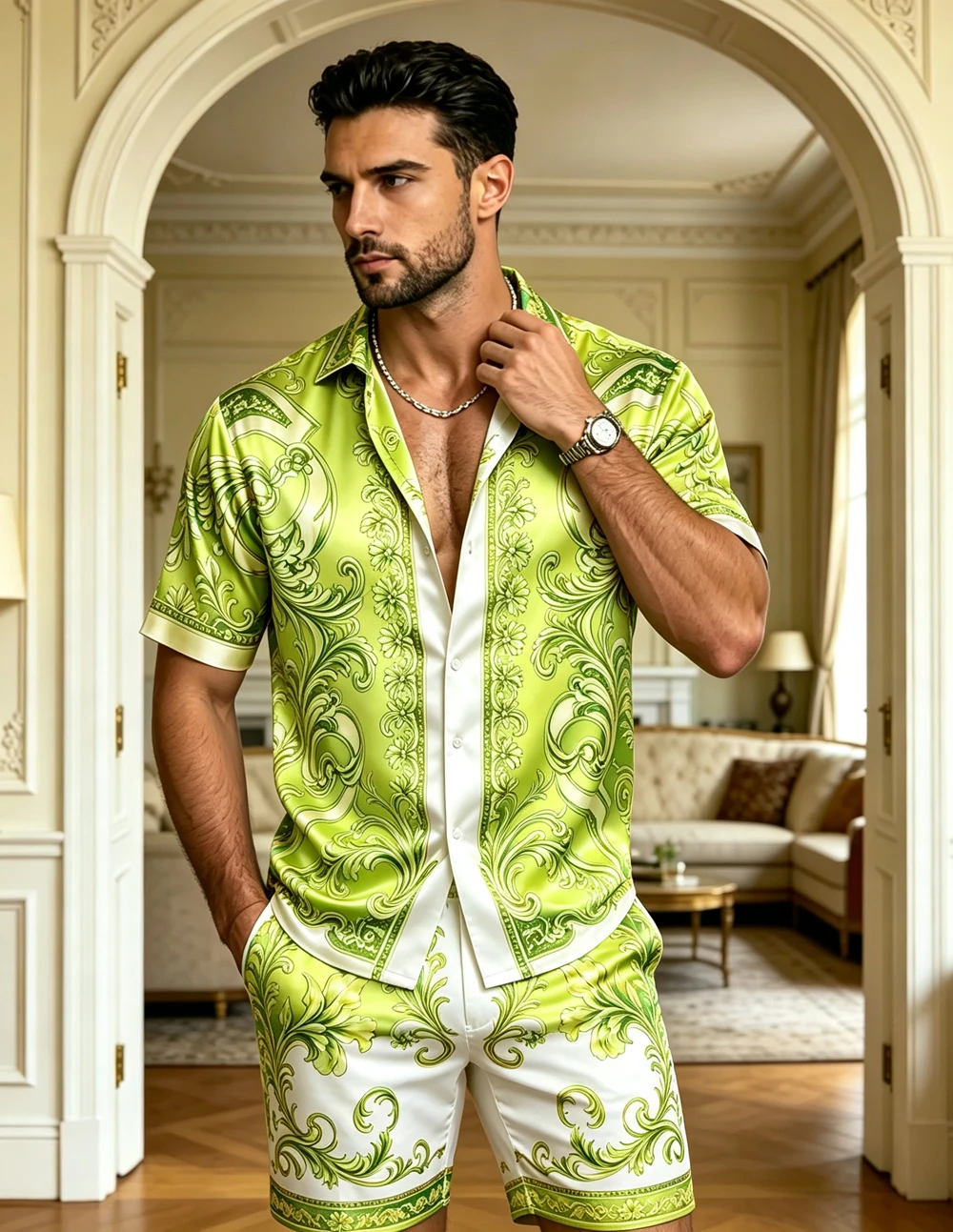 New Men's Elegant and Fashionable Short-Sleeve Shorts Set with British-Style Printed Shirt, Ideal Gift for Men Fast Shipping