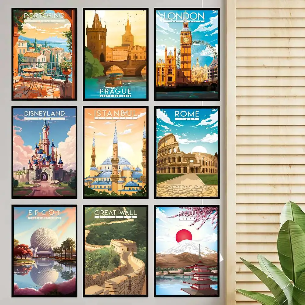 Classic City Travel Illustrations Poster Self-adhesive Art Room Entrance Restaurant Wall Decor Art Painting