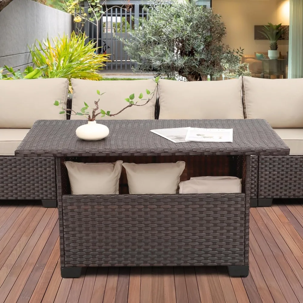 Outdoor PE Wicker Coffee Table - Patio Rattan Garden Furniture Multi-Functional Storage Tea Dining Table, Dark Brown