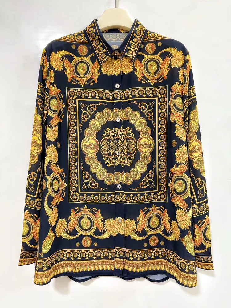 

Прямая рубашка с лацканами в стиле ретро с геометрическим принтом для осенней женской коллекции 2025 года, модный и универсальный свободный топ.