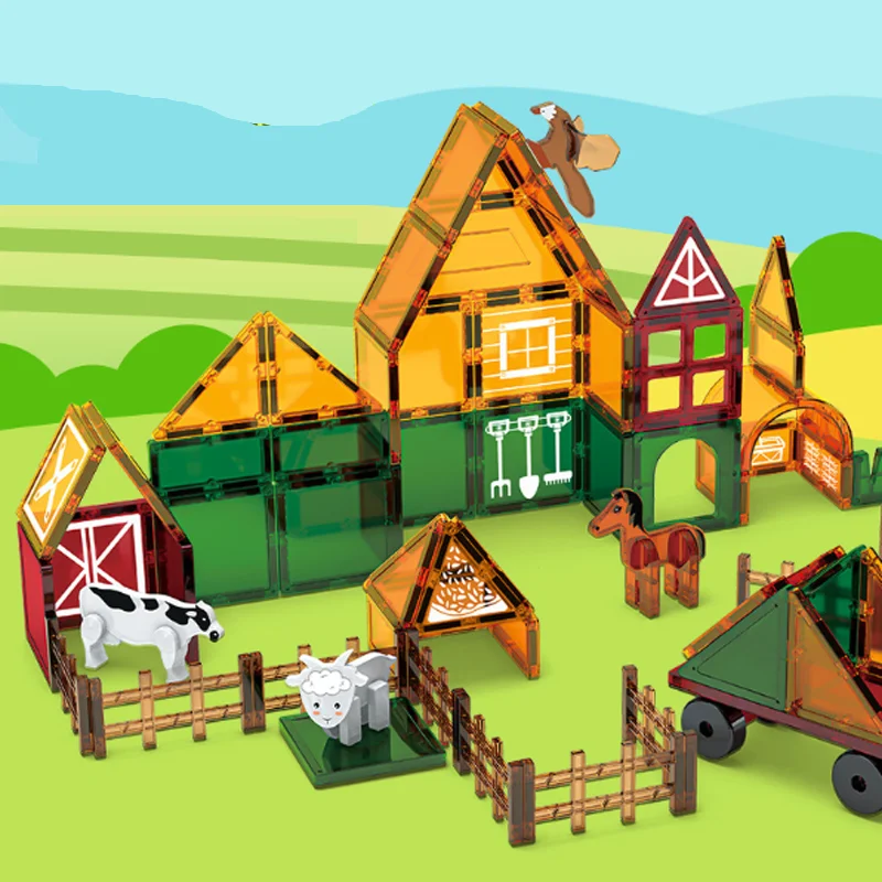 Magnetic Tiles Farm Magnetic Building Blocks Animal Sheep Horse Free Assembly Stained Glass Educational Building Toy