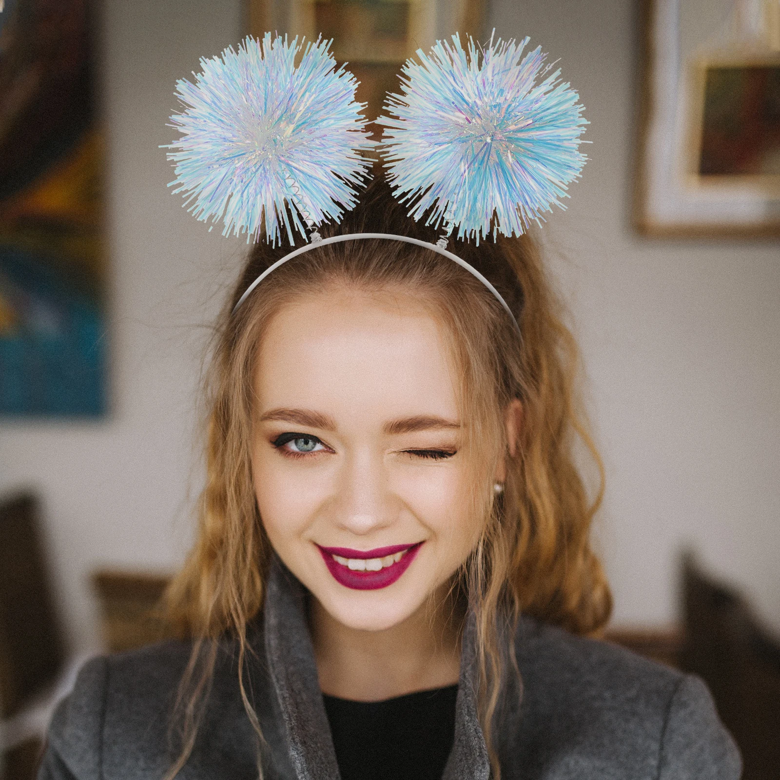 

Pompom Headband Plastic Comfortable Flexible Boppers for Birthday Valentine New Years Party Hair Accessories for Women Teens