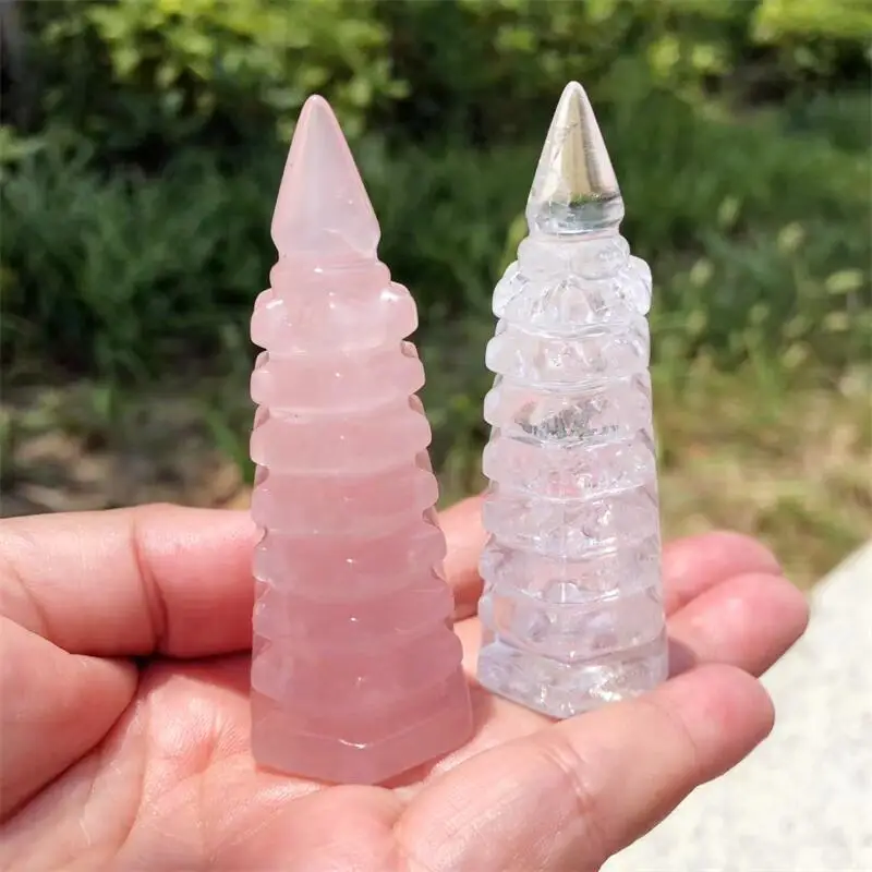 7CM Natural Rose Quartz And Clear Quartz Wenchang Tower Carving Crystals Beautiful Gemstone for HomeDecoration Collection 1PCS